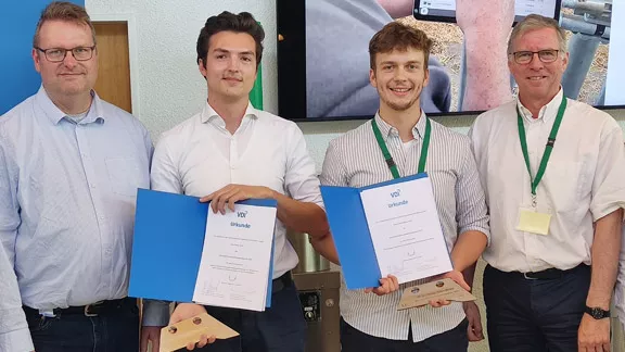 In the picture (from left to right): Prof. Dr. Heinz Bernhardt (Chairman VDI-MEG AG Young Talent Promotion, Max Eckey and Georg Schmalhofer (award winners), Dr. Markus Demmel (Chairman VDI-MEG)