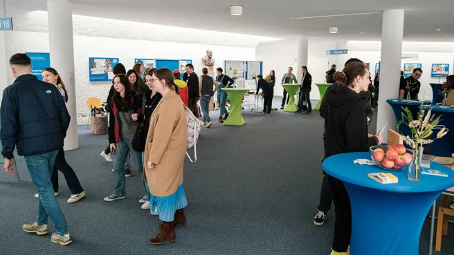 Information booths in the central lecture hall building